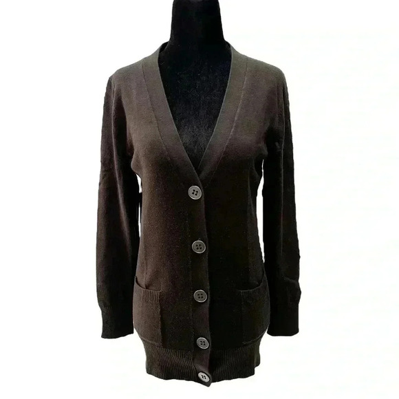 Devoted  Cardigan Sweater Button Front V Neck Pockets Chocolate Brown Medium - Picture 1 of 15